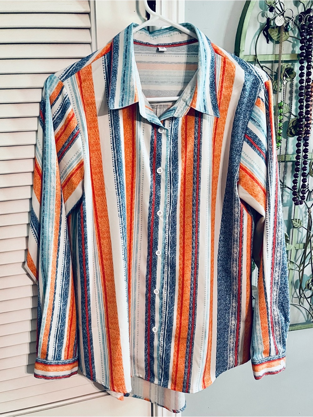 Women’s Striped Button-Up Shirt — Blue/Grray & Orange